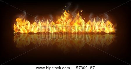 Realistic colorful image line bon fire flame with horizontal reflection smoke and sparks on black background vector illustration