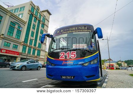 Muara,Brunei-Nov 11,2016:Jesselton Express bus offers direct bus from Brunei Darussalam to Kota Kinabalu,Sabah,Borneo at B$ 45.Many tourists prefer bus ride to see more of the countryside.