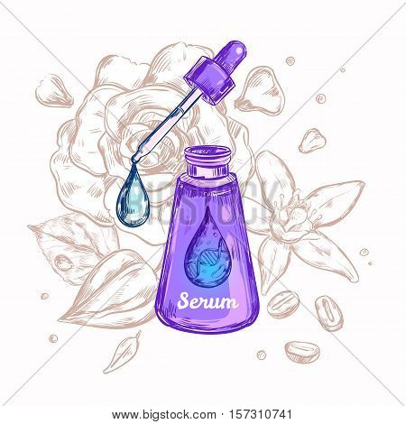 Serum label vector composition with sketch image of cream packaging with capped pipette and water drop vector illustration