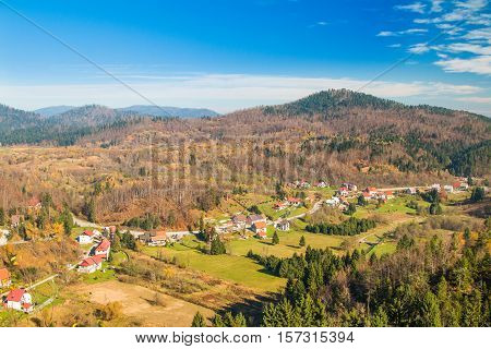 Beautiful town of Lokve in Gorski kotar, Croatia, in autumn, panoramic view