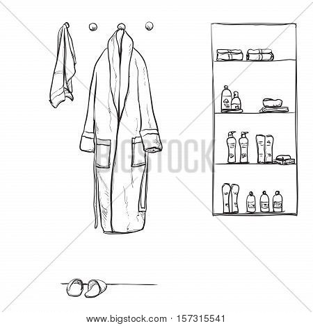 Robe for the shower, bathrobe, doodle style, sketch illustration. Hand drawn bathroon interior