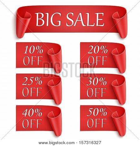 Set of realistic detailed red paper stickers or banners. Big sale. Vector illustration