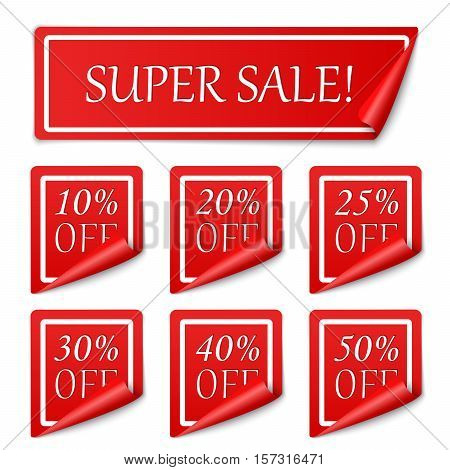 Set of realistic detailed red paper stickers or banners. Super sale. Vector illustration