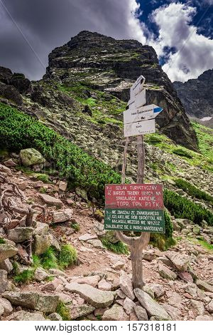 Warning Sign At Beginning Of Trail To Kościelec, Tatra Mountains