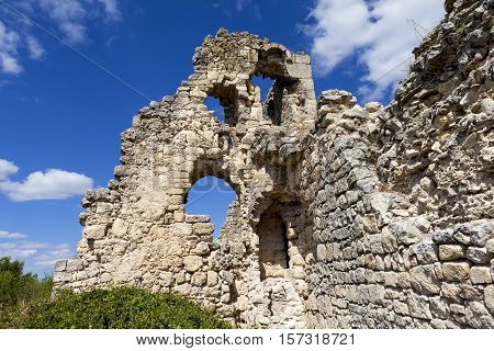 Crimea. Cave city Mangup Kale. The ruins of the palace and citadel.