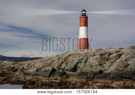 Lighthouse Les eclaireurs in Beagle Channel near Ushuaia in the night