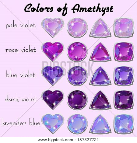 Set of crystals in natural tints of violet color of precious stone Amethyst in realistic different cuts with silver edging. Vector illustration