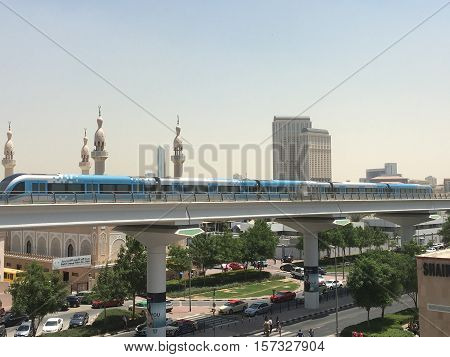 DUBAI, UAE - AUG 26: Train approaching Oud Metha Metro Station in Dubai, UAE, on Aug 26, 2016. Guinness World Records declared it the worlds longest fully automated driverless metro network.