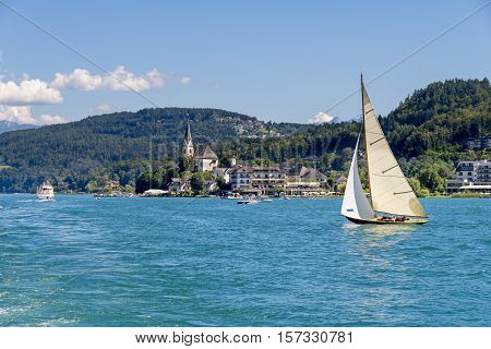 Vintage Wooden Sailboat On Lake Worthersee At Maria Worth