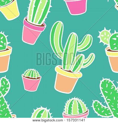 Seamless pattern with cactus. Pattern of cactus. Cacti in pots. Vector background. Cute cartoon cactus pattern.