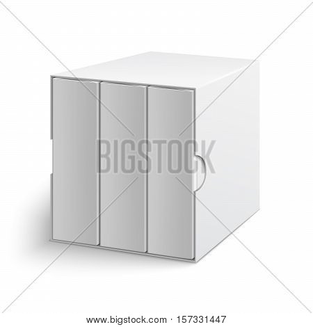 White gray cardboard box cover with group of blank books on isolated white background. Mock-up template ready for design