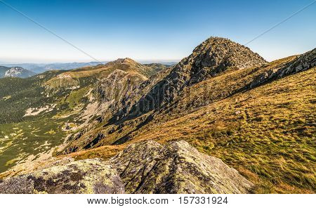 Mountain Landscape. Mount Chopok with Tourists and Mount Dumbier in Background. Low Tatras Slovakia. View Towards East.