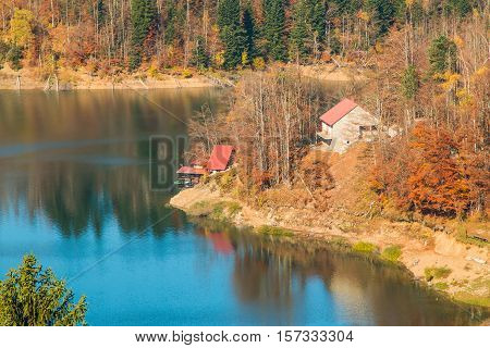 Panoramic view of Lokvarsko lake, beautiful mountain autumn landscape, Lokve, Gorski kotar, Croatia