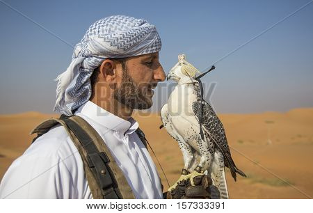 Dubai UAE November 19th 2016: A falconer training a Peregrine Falcon (Falco peregrinus) in a desert
