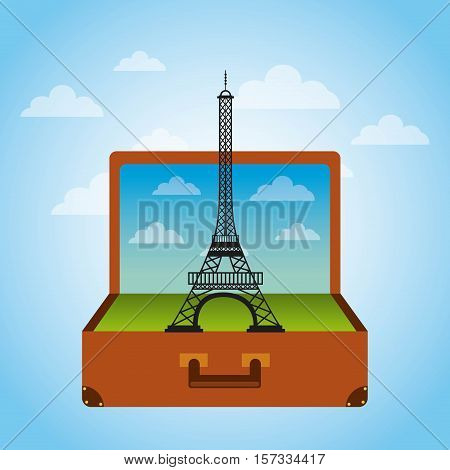 brown suitcase with iconic momument of paris. over sky background. vector illustration