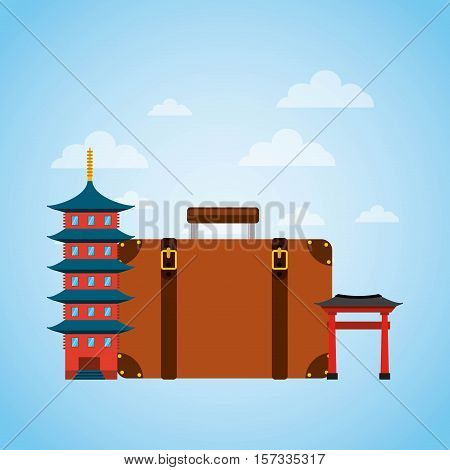 brown suitcase with iconic momument of china. over sky background. vector illustration