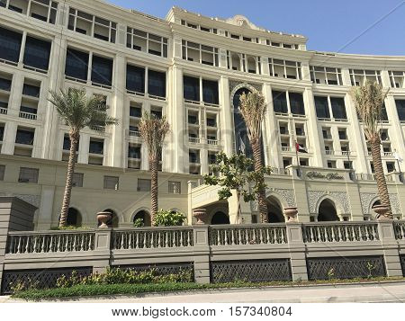 DUBAI, UAE - SEP 9: Palazzo Versace palatial luxury hotel in Dubai, UAE, as seen on Sep 9, 2016. It is located in Culture Village on the foreshore of Dubai Creek.