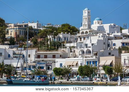 MILOS, GREECE - SEP 26, 2016: Views of the Marina from the sea. The island is famous for the statue of Aphrodite (Venus de Milo, now in the Louvre) Land area of island is 160.147 square kilometres.