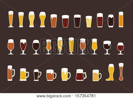 Set of beer with bubbles in glasses and mugs. Vector illustration