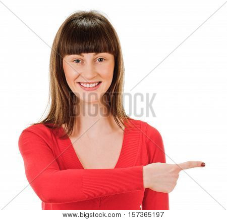 woman pointing finger. isolated on white background. point towards