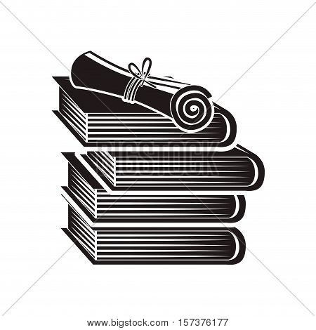 black silhouette certicate cap with stacked books vector illustration