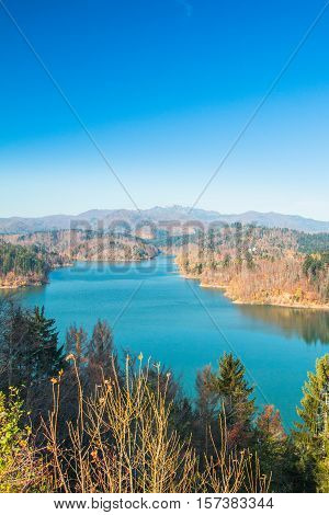 Panoramic view of Lokvarsko lake, beautiful mountain autumn landscape, Lokve, Gorski kotar, Croatia