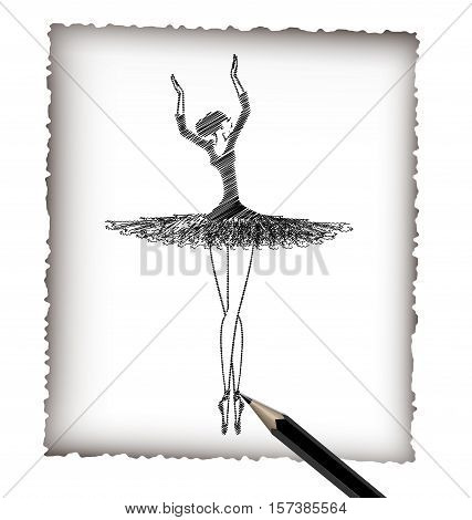 light background, black pencil, sheet of white paper and the image of abstract lady ballet dancer