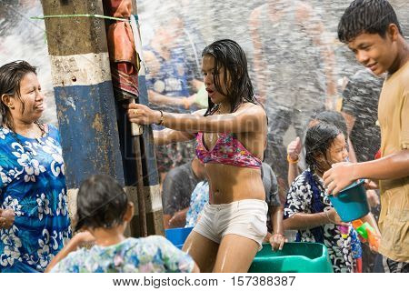 Bangkok, Thailand - April 13, 2008 : 
During Songkran the Thai New Year's festival. Major streets are closed for traffic, and are used as arenas for water fights.
