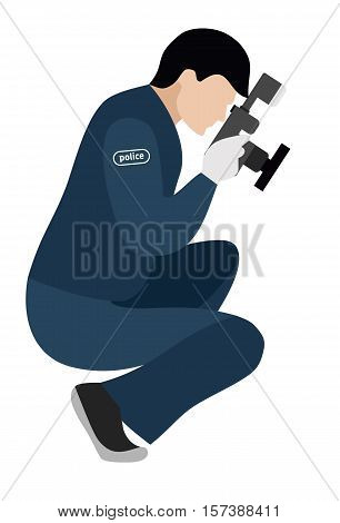Forensic scientist photographs evidence. Flat illustration. Murder investigation
