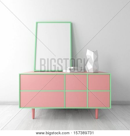 pink dresser with frame and vase in white room interior mockup 3d render