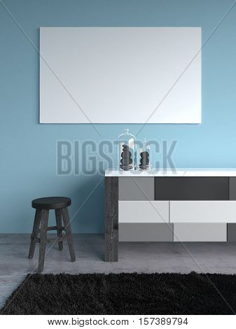 interior mock up with dresser, chair, blue wall, black carpet 3d render