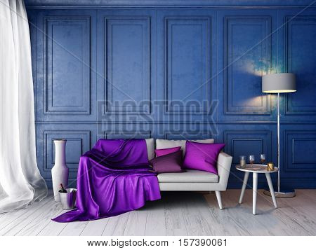 Interior in classic style with blue wall and white sofa, pillows, silp plaid, floor lamp, vase, wine, glasses, candles mockup