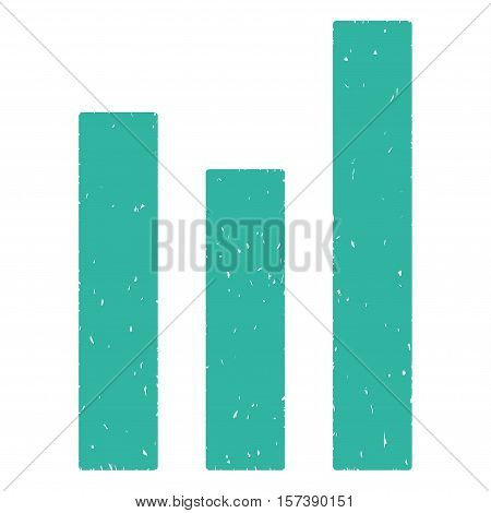 Bar Graph grainy textured icon for overlay watermark stamps. Flat symbol with scratched texture. Dotted vector cyan ink rubber seal stamp with grunge design on a white background.