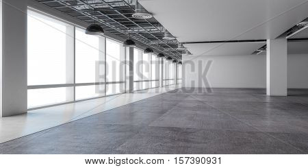 Empty open space office white wall and concrete floor