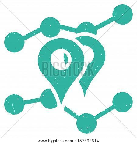 Geo Markers Trends grainy textured icon for overlay watermark stamps. Flat symbol with scratched texture. Dotted vector cyan ink rubber seal stamp with grunge design on a white background.