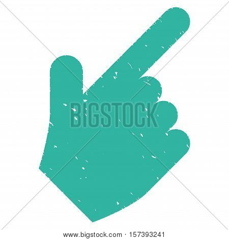 Hand Pointer Right Up grainy textured icon for overlay watermark stamps. Flat symbol with dirty texture. Dotted vector cyan ink rubber seal stamp with grunge design on a white background.