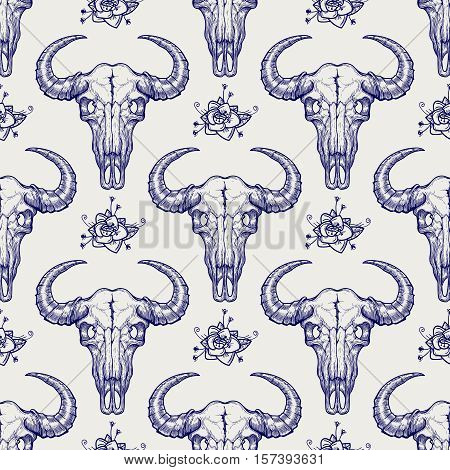 Ball pen buffalo skull seamless pattern. Animal skull and flowers background vector