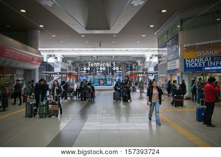 Osaka, Japan - November 2016: Entrance area around Terminal 1 of  Kansai International Airport (KIX), Osaka, Japan. Kansai Airport is one of the busiest airports in Japan and an Asian hub, with 780 weekly flights to Asia and Australasia.