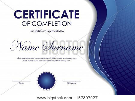 Certificate of completion template with blue wavy mosaic surface background and seal. Vector illustration