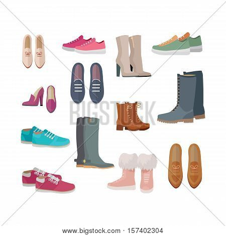 Set of woman s shoes. Flat design vector. Ankle and mid boots, sneakers, loafers, moccasins illustrations. Collection of footwear for all seasons. For store ad, fashion concepts. On white background