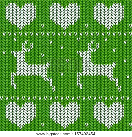 Green Knitted deers sweater in Norwegian style. Knitted Scandinavian ornament. Vector seamless Christmas sweater pattern