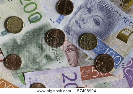 Swedish Currency Notes and Coins Close Up.