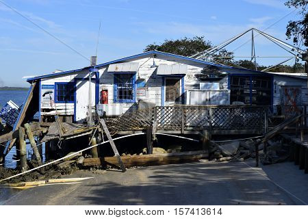 VILANO BEACH, FLORIDA, USA - OCTOBER 23, 2016: Aftermath of bait shop destruction caused by Hurricane Matthew hitting along the east coast of Florida on October 7, 2016