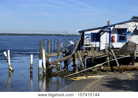 VILANO BEACH, FLORIDA, USA - OCTOBER 23, 2016: Aftermath of  bait shop destruction caused by hurricane Matthew hitting along the east coast of Florida on October 7, 2016