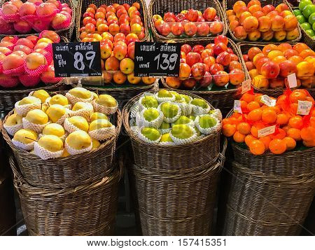 Bangkok Thailand - 18 November 2016: Fruit market with various colorful fresh fruits and vegetables