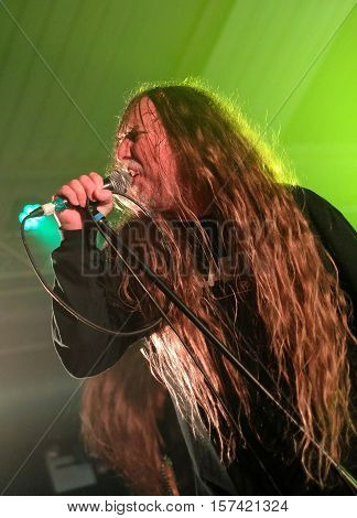 SOUTHAMPTON, UK, October 31  2016: John Tardy vocalist with American death metal band Obituary,  performing live at the Engine Rooms, Southampton, Hampshire, UK