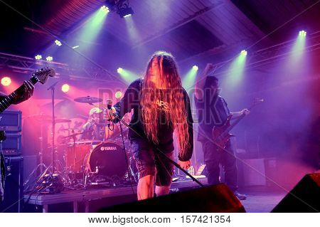 SOUTHAMPTON, UK, October 31  2016: John Tardy vocalist with American death metal band Obituary,  performing live at the Engine Rooms, Southampton, Hampshire, UK