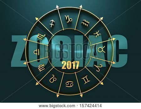 Astrological symbols in the circle. Golden emblem. Metallic material. Zodiac text and 2017 numbers. 3d rendering