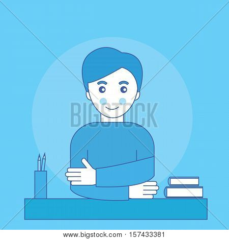 The boy is sitting at his desk with books and pencils. Schoolboy. Vector illustration.