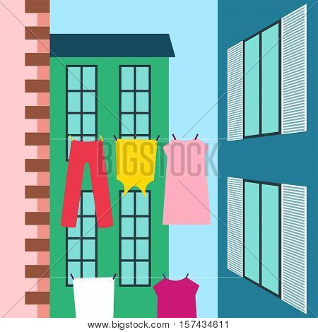 Laundry drying Vector illustration Laundry drying on the clothesline stretched between the buildings Flat design
